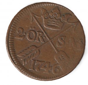 Suecia 2 öre SM , 1746 Cobre, 28.3g, ø 34mm KM# 437  VF