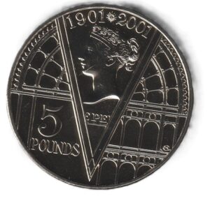 Inglaterra 5 libras 2001 Cuproníquel, 28,28 g, ø 38,61 mm KM# 1015  UNC