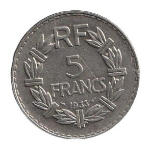 Francia 5 francos 1933 Níquel, 12g, ø 31mm KM# 888  VF+