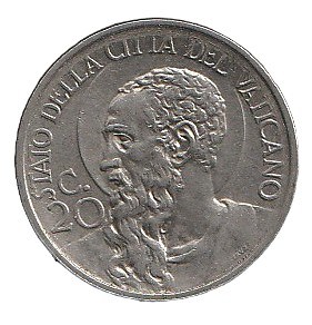 Vaticano 20 centesimi 1934 Níquel, 4.1g, ø 21.8mm KM# 3  XF