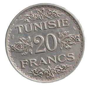 Túnez 20 francos 1934 Plata 0.680, 20g, ø 35mm KM# 263